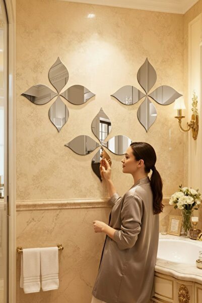 otovoo Yonca Şeklinde Yapışkanlı 1 mm Silver Aynalı Pleksi 29 x 29 cm 4 Adet