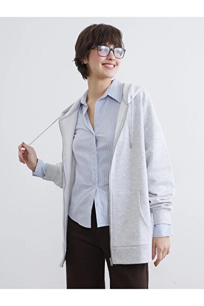 LC Waikiki Gray Hooded Women's Thick Zippered Sweatshirt (S6)