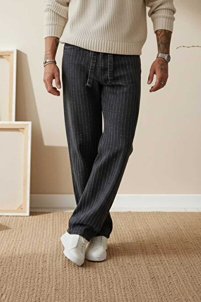 Wonraces Men's Black Baggy Washed Jeans with Drawstring Waist, Striped Patter...