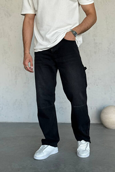 Wonraces Men's Black Baggy Washed Jeans with Zippered Leg Design Detail