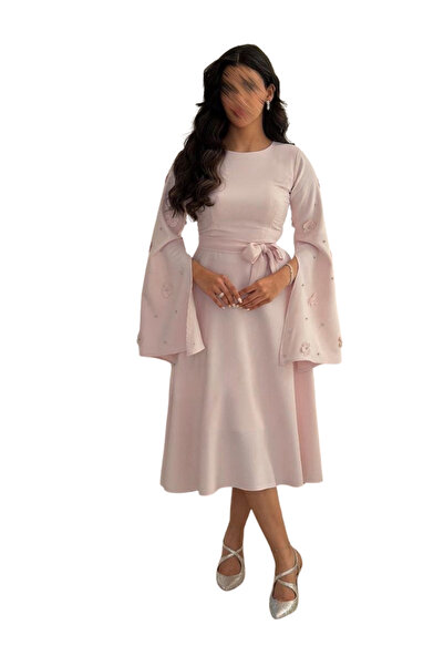 Nice Model Elegant Blush Pink Midi Dress with Embroidered Bell Sleeves and Wa...