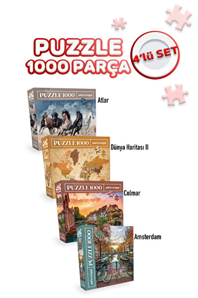 Allians 4'lü 1000 Parça Puzzle Seti: Colmar, Amsterdam, Dünya Haritası, Atlar