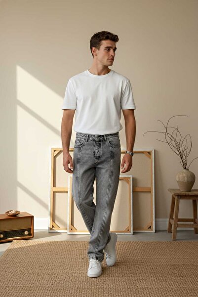 Wonraces Men's Gray Baggy Washed Design Jean Jeans with Stitching Detail