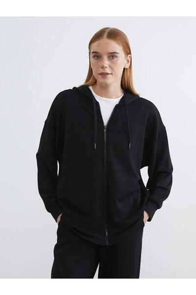 LC Waikiki Black Hooded Soft Touch Women's Zippered Sweatshirt (S6)