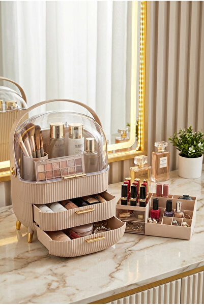 FeyzaDesign Şeffaf Çok Bölmeli Kapaklı Makyaj ve Kozmetik Organizer, Bej İkil...