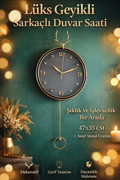 SaatMarketi Geyikli Sarkaçlı Duvar Saati 47x35 cm – Lüks Dekoratif Metal Duva...
