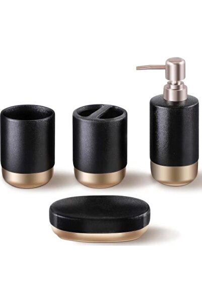 Generic Ceramic Bathroom Accessories Set 4 Pieces - Black with Gold Base