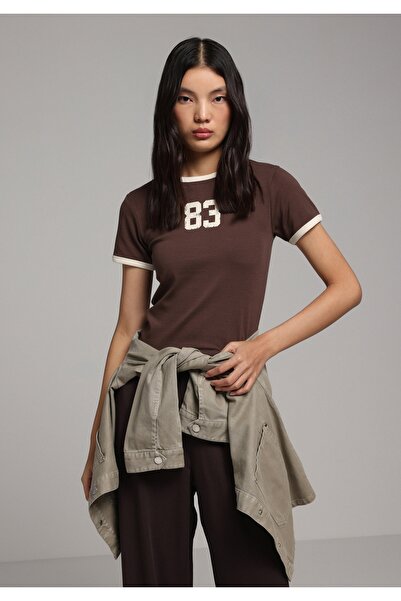 Colin's Slim Fit Round Neck Printed Women's Brown Short Sleeve T-Shirt