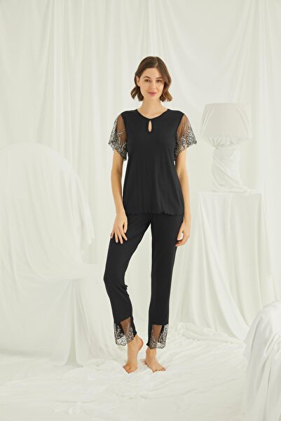 MONAMİSE Women'S, Black, Collar Detailed Embroidered Lace Pajama Set