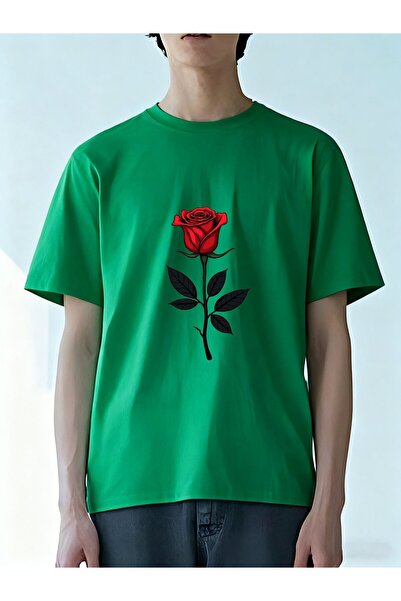 MIXSNOW Men Printed Cotton T-Shirt - A red rose with diamond leaves