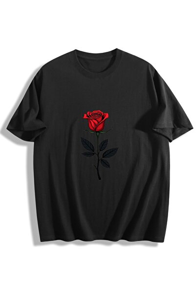 MIXSNOW Men Printed Cotton T-Shirt - A red rose with diamond leaves