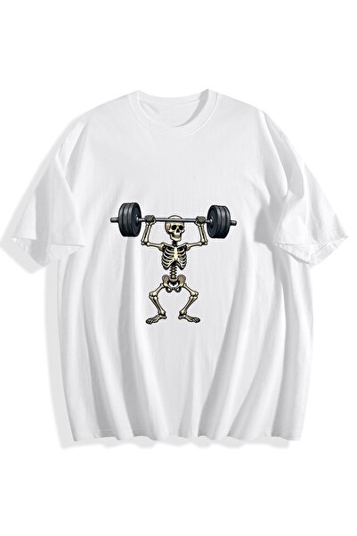 MIXSNOW تيشيرت رجالي قطني مطبوع - هيكل عظمي يرفع ثقلاً