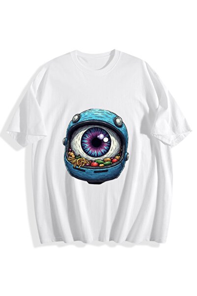 MIXSNOW تيشيرت قطني مطبوع للرجال - عين داخل خوذة زرقاء مع أطعمة