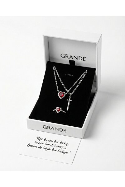 GrandeAccessory Sevgililer Gününe Özel Kırmızı Kalp Çelik Kolye Yüzük Seti
