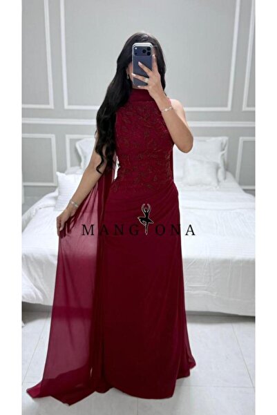MANGONA Burgundy chiffon evening dress with an embroidered halter neckline an...