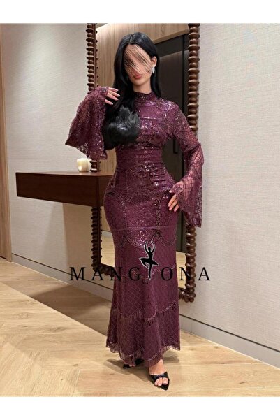 MANGONA Mulberry-colored evening gown, fully hand-beaded with bell sleeves - ...