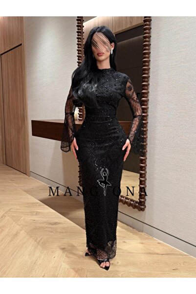 MANGONA Luxurious black evening gown fully embroidered with beads - Slim Fit ...