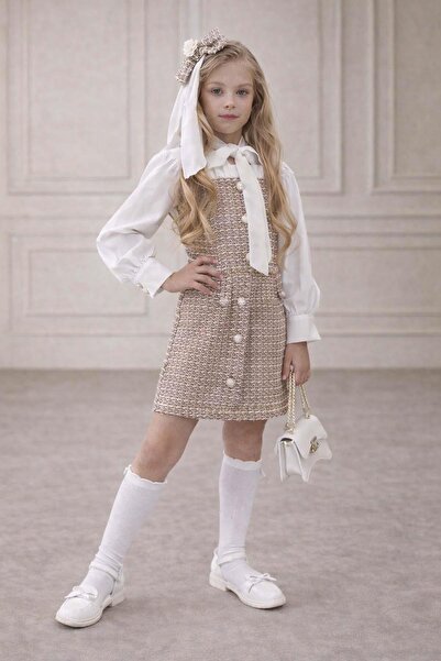 Riccotarz Girl's Brown Chanel Dress with Ruffle Detail on the Chest and Waist...