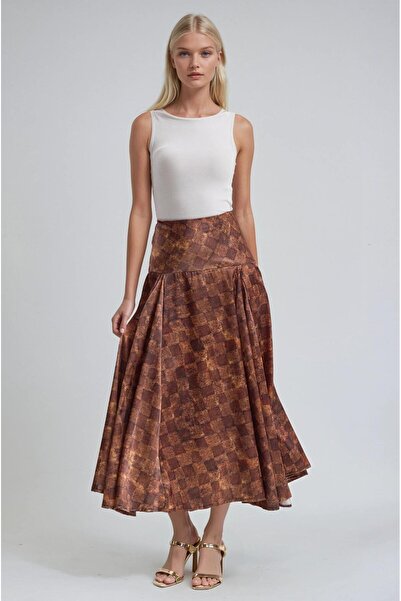 Lijuri Fusta midi plisată cu model în carouri maro auriu cu talie înaltă 4084