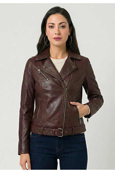 Felix Hardy سترة جلدية نسائية بقصة ضيقة وسحاب متقاطع - أحمر كلاريت