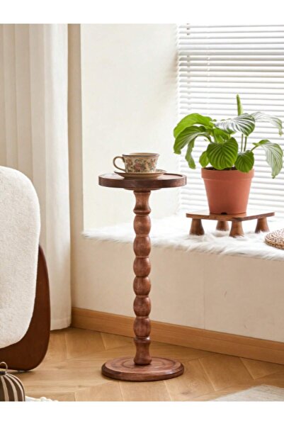 Mtanvxay طاولة جانبية دائرية متحركة بأرجل من الخشب الصلب، مثالية للفناء أو ال...