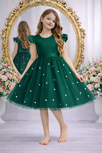 SUNEH Κοριτσίστικο σατέν φόρεμα με σμαραγδί πράσινο βολάν και πέρλες, βραδινό...