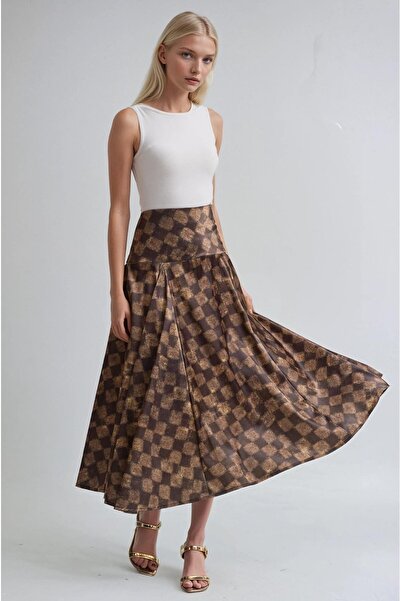 Lijuri High Waist Brown Gold Checkered Patterned Pleated Midi Skirt 4084