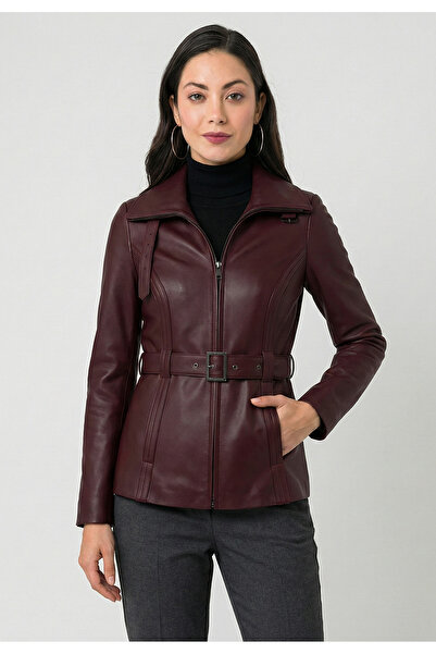 Felix Hardy Women's Burgundy Belted Leather Jacket - Burgundy