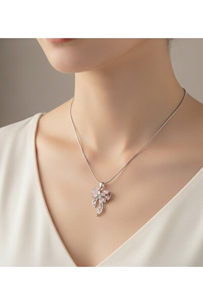 stainless steell gümüş renk kılıç motifli pembe taşlı paslanmaz çelik kolye