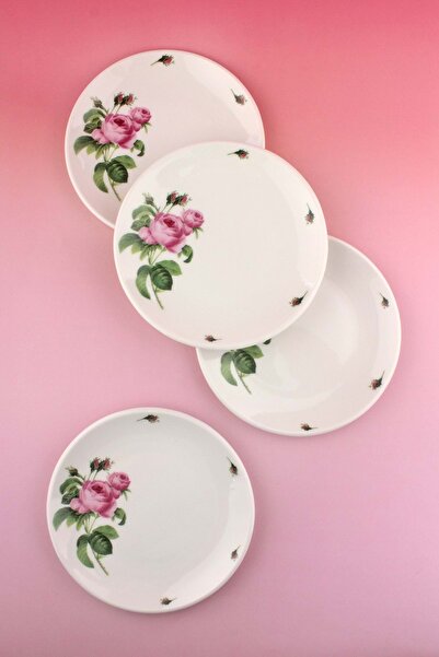 Bursa Porselen Dekor Pink Rose 4-Piece Porcelain Cake Plate
