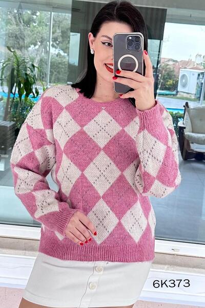 İnce Topuk Crew Neck Diamond Pattern Knitwear Blouse 6K373