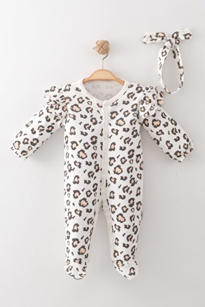 zumino Leopar Desenli Bandanalı Kız Bebek Tulum %100 Pamuk
