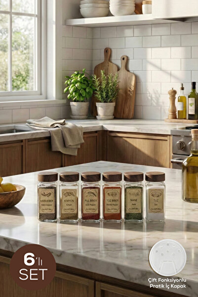 Vienev 6-Piece Acacia Look Square Glass Spice Jar Set with Labels - Salt and ...