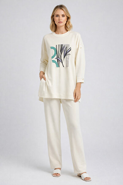 Kayra Κεντητό Παντελόνι με Λεπτομέρειες, Σετ Δύο Τεμαχίων Εκρού