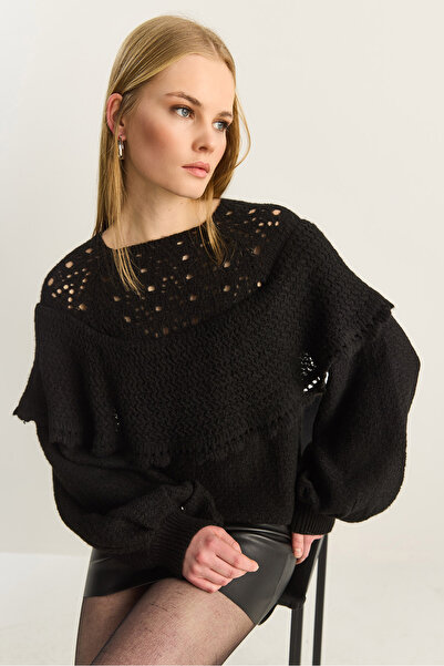 Bianco Lucci سترة نسائية محبوكة ناعمة بأكمام بالونية مزينة بكشكشة وتفاصيل مخر...