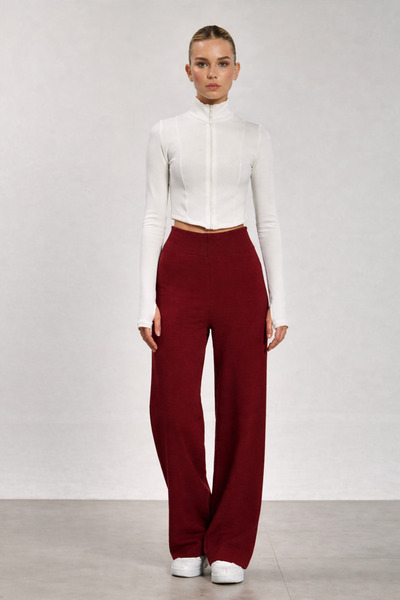 BEGBOR COLLECTİONS Women's Burgundy High Waist Stretchy Knitwear Wide Leg Pal...