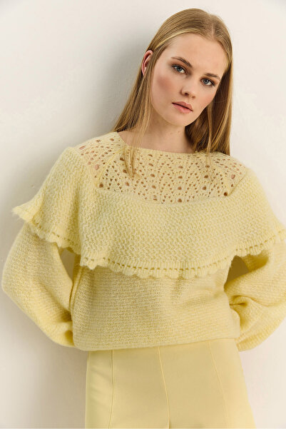 Bianco Lucci Women's Ruffled Openwork Detailed Balloon Sleeve Ribbed Soft Kni...