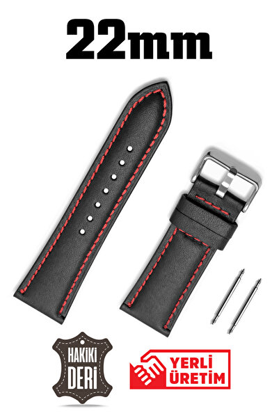 Saatse 22mm Black Red Stitched Genuine Leather Watch Band Strap