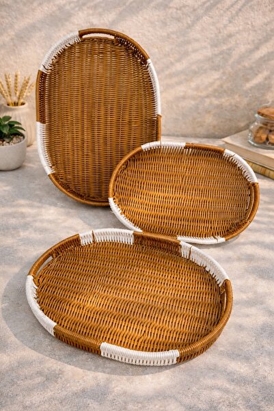 tutku home 3'lü Rattan Sepet, Tepsi, Organizer