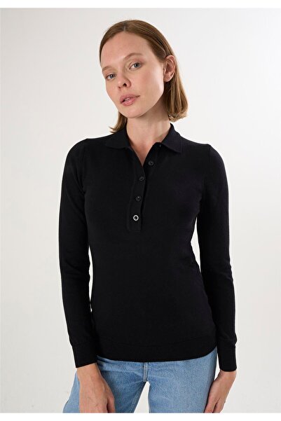 Felix Hardy Women's Polo Collar Buttoned Trkio Sweater - Black