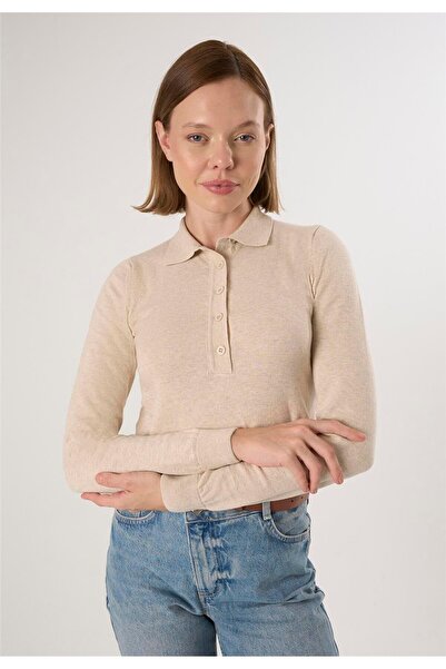 Felix Hardy Women's Polo Collar Buttoned Trkio Sweater - Beige
