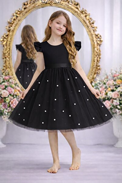 SUNEH Kız Çocuk Siyah Fırfır Kol İncili Saten Elbise Mezuniyet Doğum Günü Abi...