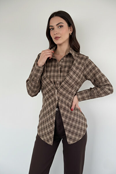 azragül giyim Ekose Desenli Düğme Detaylı Gömlek