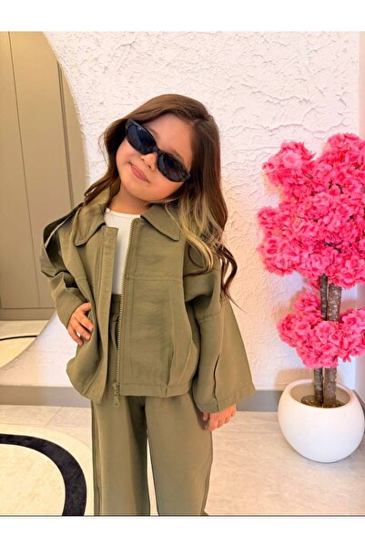 Butik KIZ ÇOCUK HAKİ RENK DOKUMA 2'Lİ TAKIM