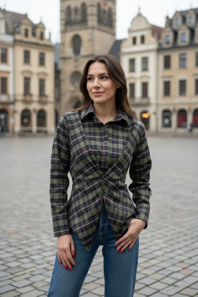 azragül giyim Ekose Desenli Düğme Detaylı Gömlek