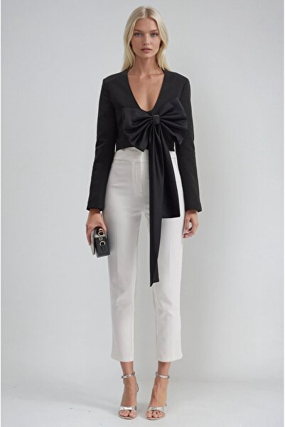 Lijuri Deep v-neck crop blazer jacket with big bow detail 6188