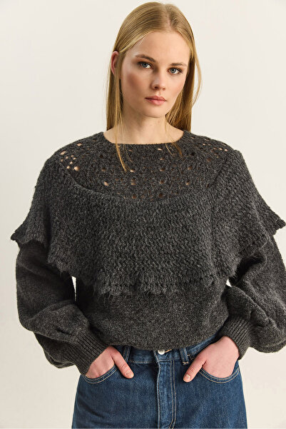 Bianco Lucci Women's Ruffled Openwork Detailed Balloon Sleeve Ribbed Soft Kni...