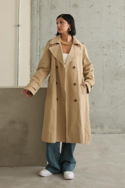 My Blog Camel Button Detailed Belted Long Trench Coat