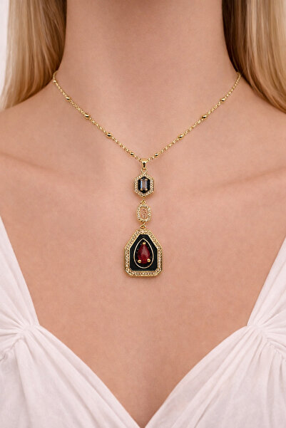 femline قلادة طويلة من الحجر الأحمر اللون الذهبي