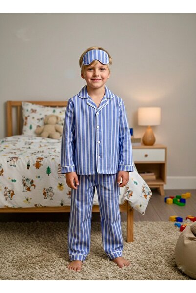 Enie Boy's Blue and White Striped Long Sleeve Cotton Buttoned Eye Patched Paj...